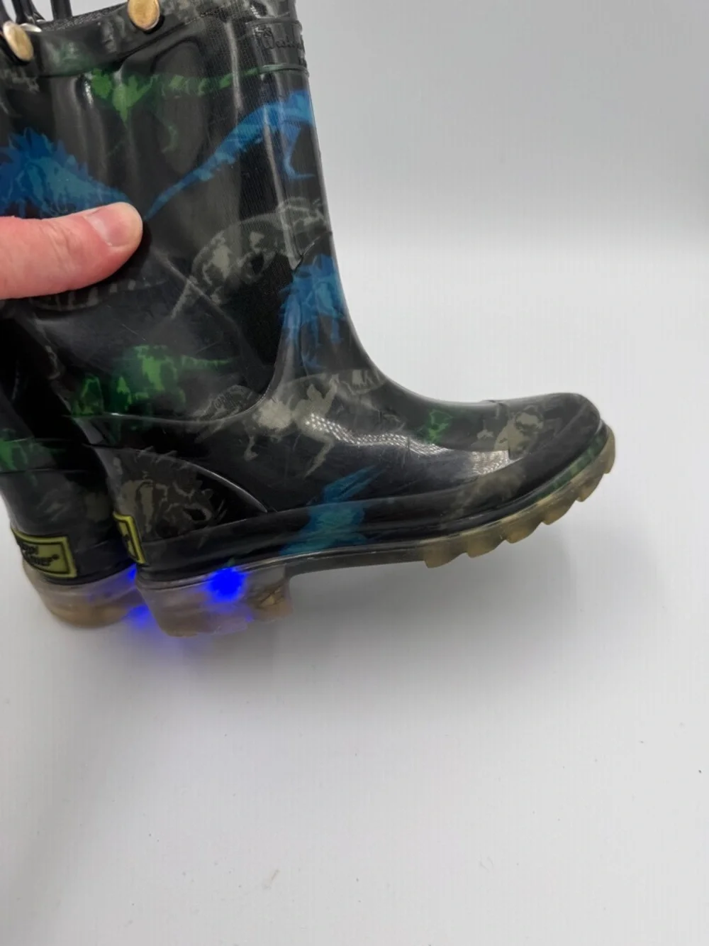Western Chief Toddler Boy 8 Black Rain Boots Blue & Green Dinosaurs Handles